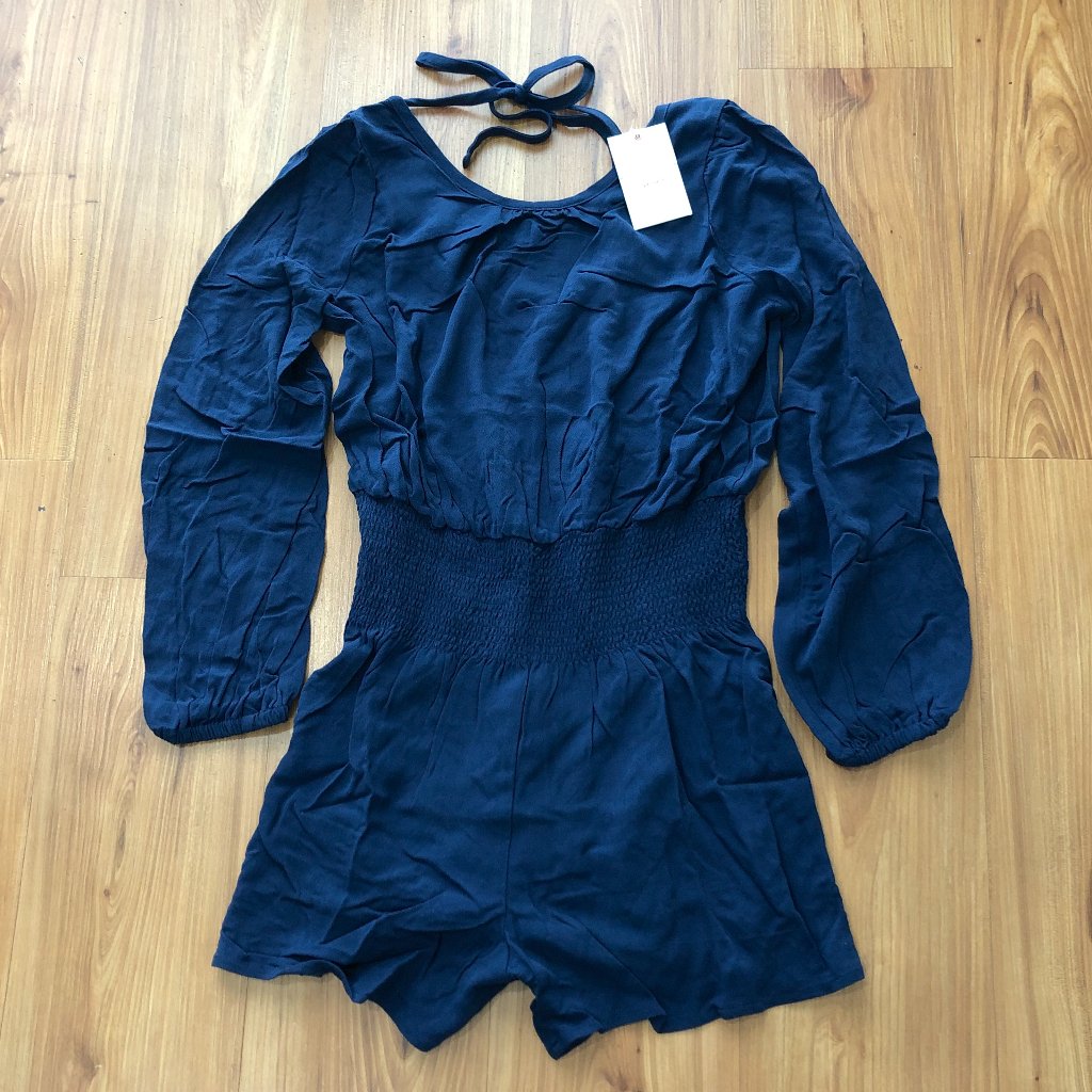 Splendid X Cella Jane Viscose Romper Smock Waist Long Sleeve Tie Back Navy Xs